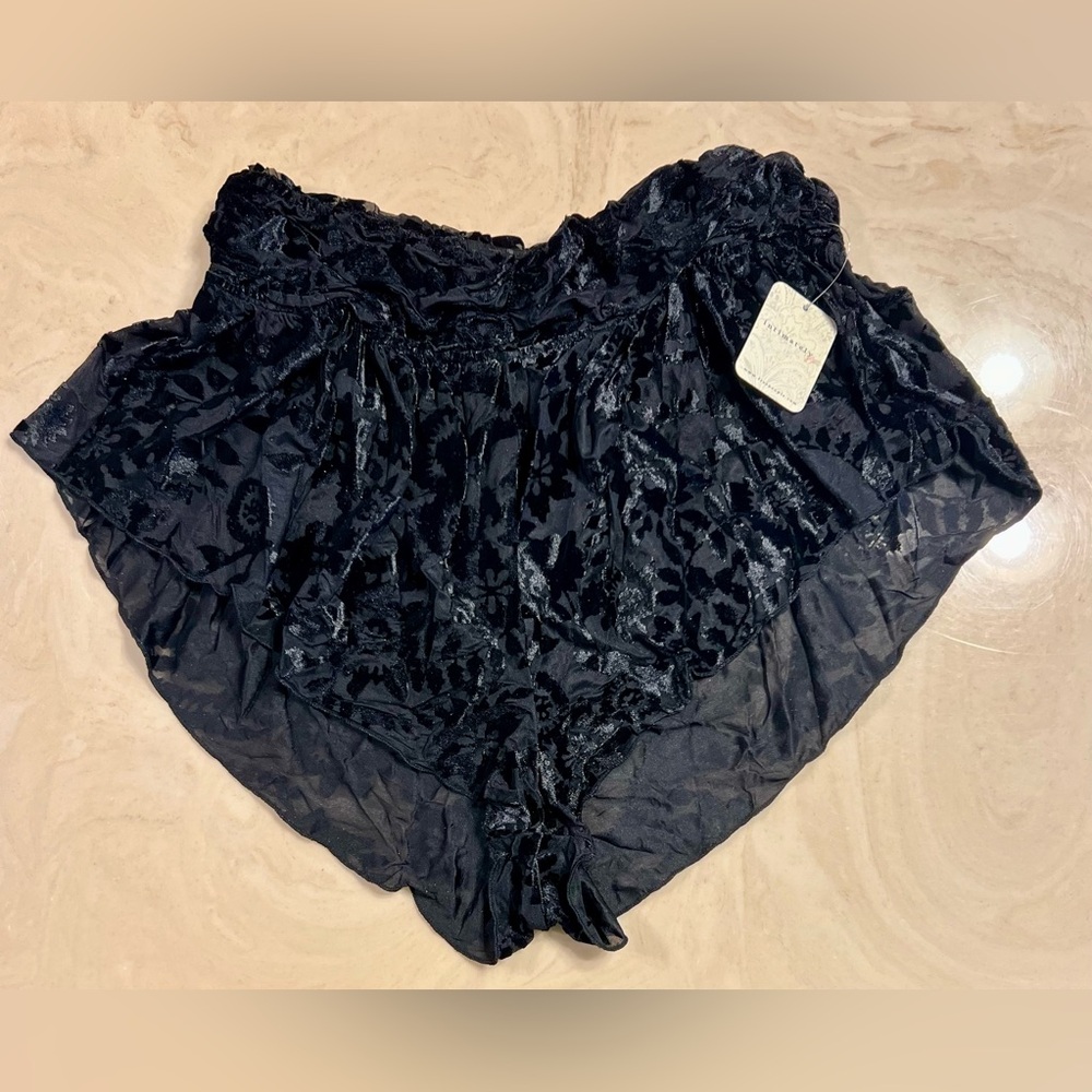 FREE PEOPLE Snow Angel Micro Shorts Floral Velvet Black Jacquard High Waist - Picture 3 of 15